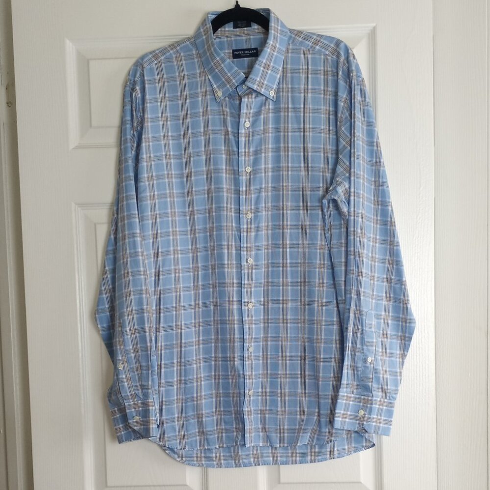 Peter Millar Light Blue Yellow Plaid Button Down Long Sleeve Shirt